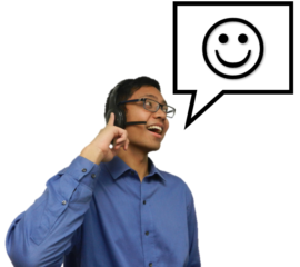 Richard Carlos talking into a headset with a speech bubble and a smiley face