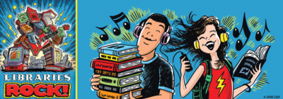 Kids listening to music wile holding books, a book stack shaped like a robot plays guitar